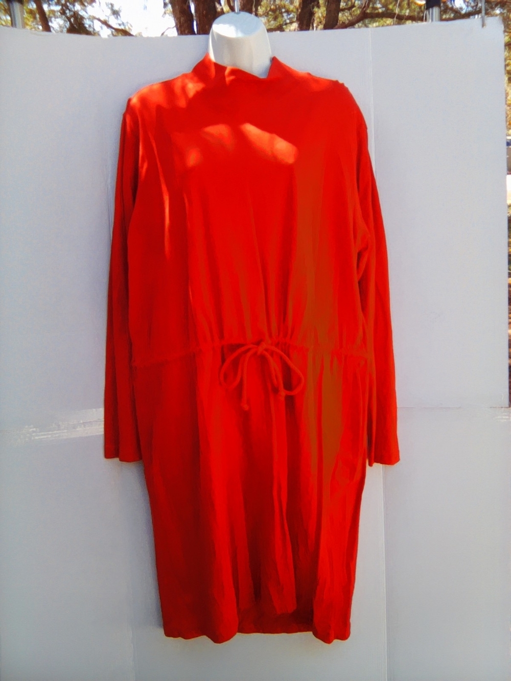 Classic Long-Sleeve Drawstring Waist Dress - Red